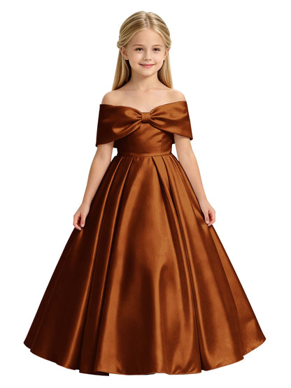 Off-the-Shoulder Satin Ball Gown Flower Girl Dress with Big Back Bow