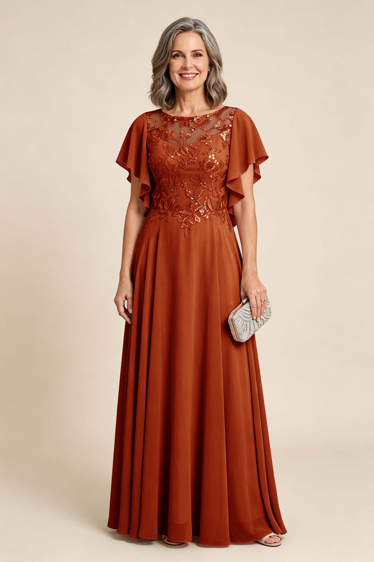 Lilac Scoop Neck Flutter Sleeve Lace Appliques Chiffon Mother Dresses