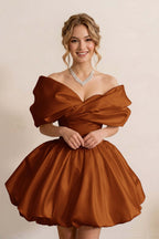 Ivory Off-the-Shoulder Bubble Hem Satin Homecoming Dresses