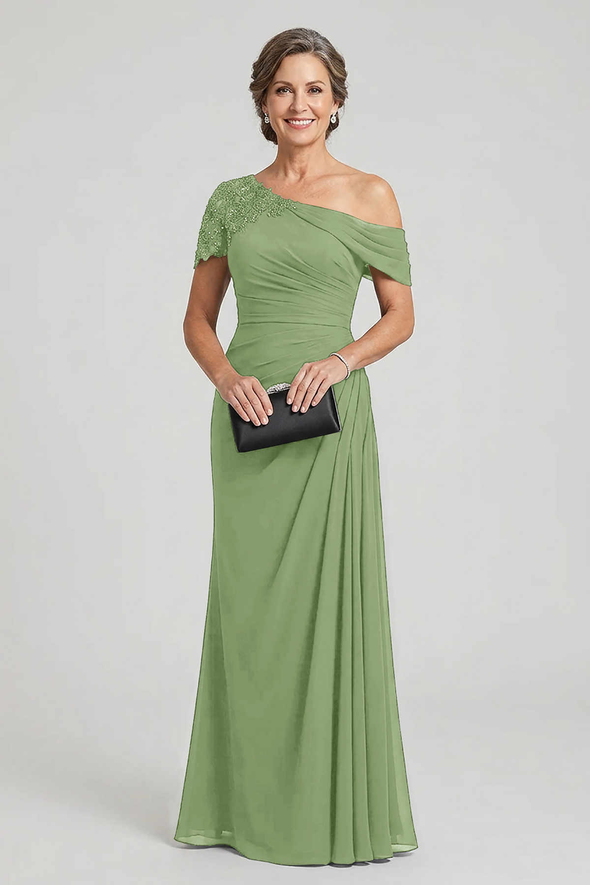 Black One-Shoulder Beaded Ruched Chiffon Mother Dresses