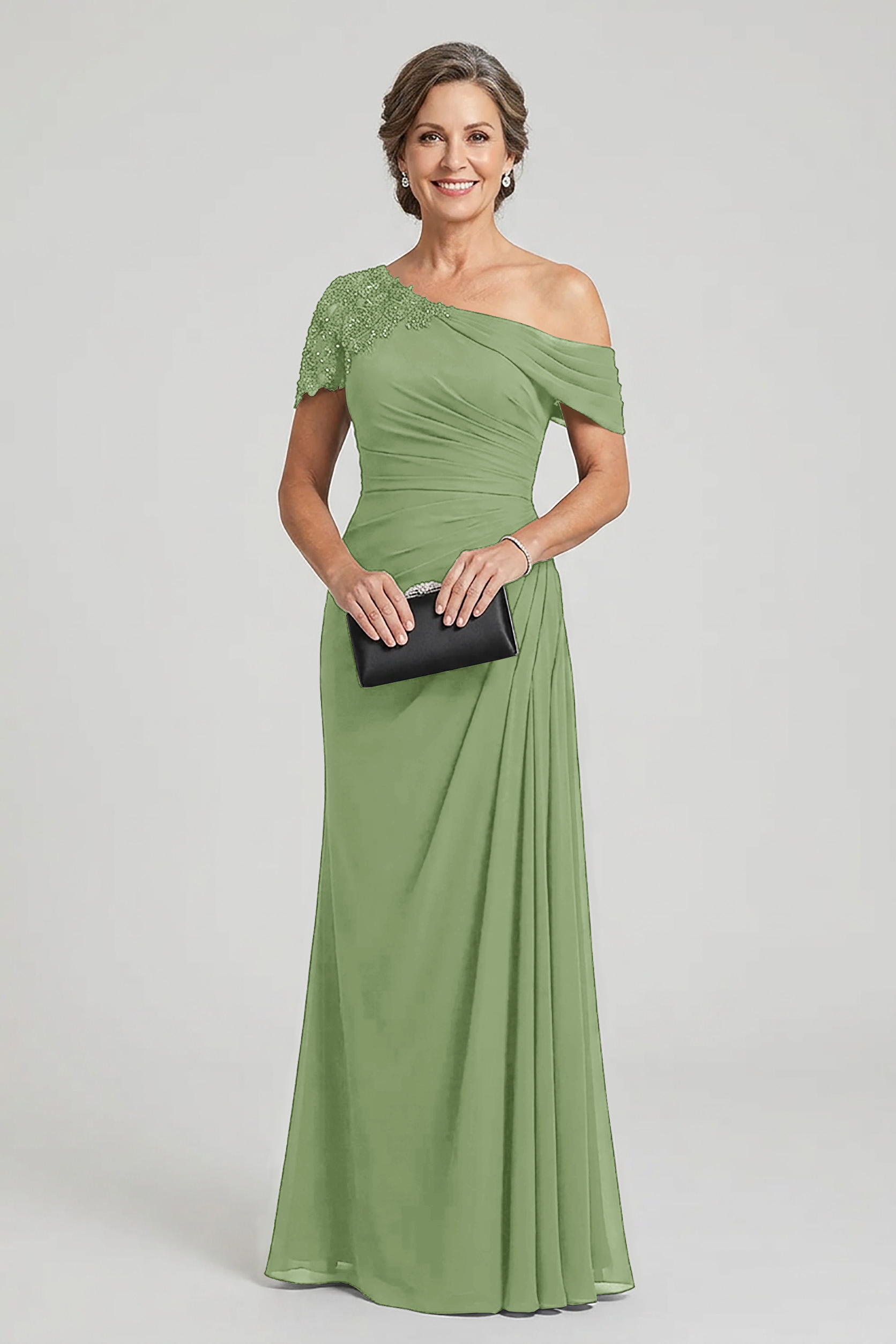Black One-Shoulder Beaded Ruched Chiffon Mother Dresses