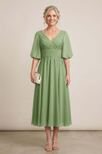 Dusty Blue V-Neck Lace Chiffon Tea-Length Mother Dresses