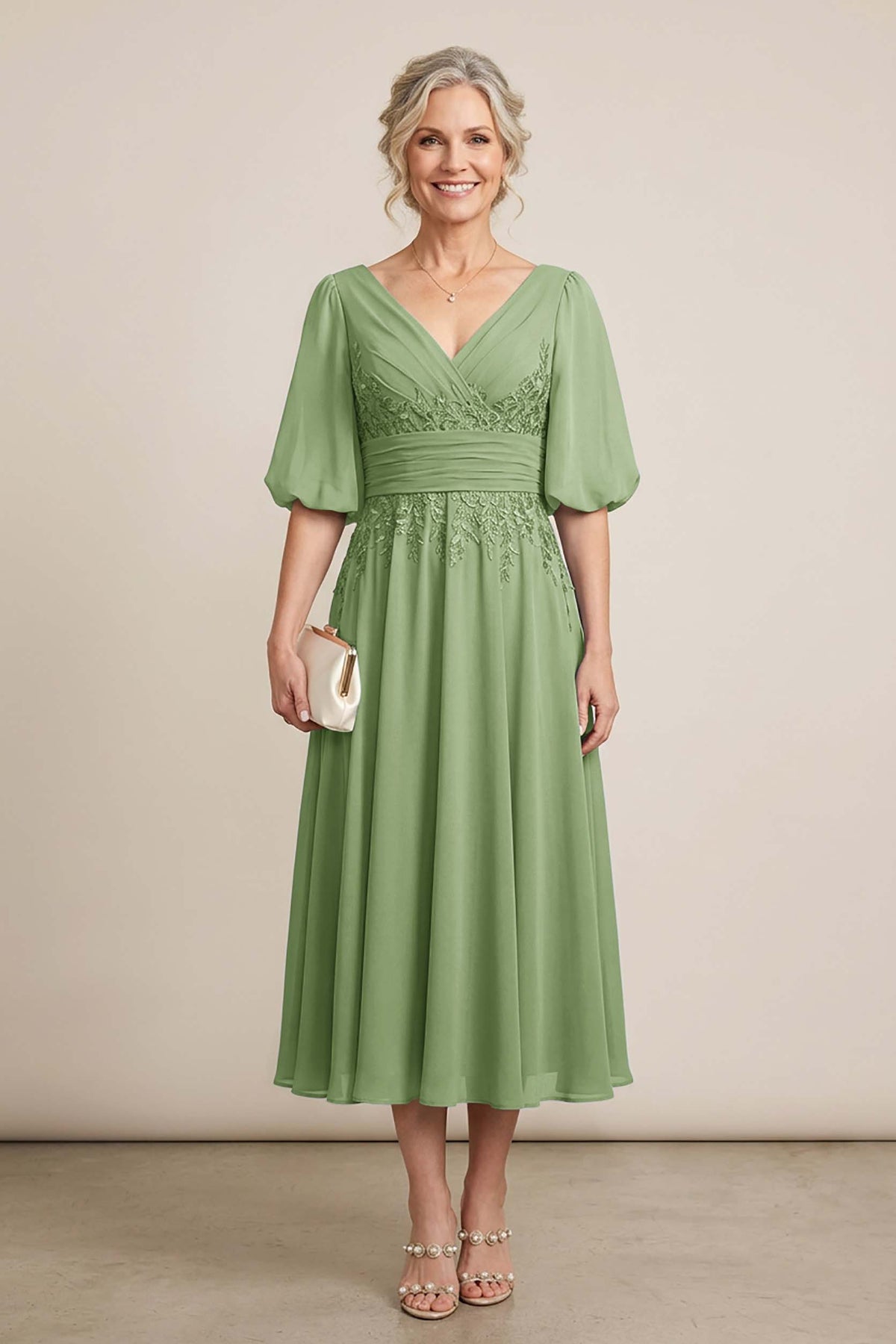 Dusty Blue V-Neck Lace Chiffon Tea-Length Mother Dresses