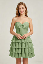 Strapless Yellow Chiffon Tiered Short Homecoming Dresses with Bow
