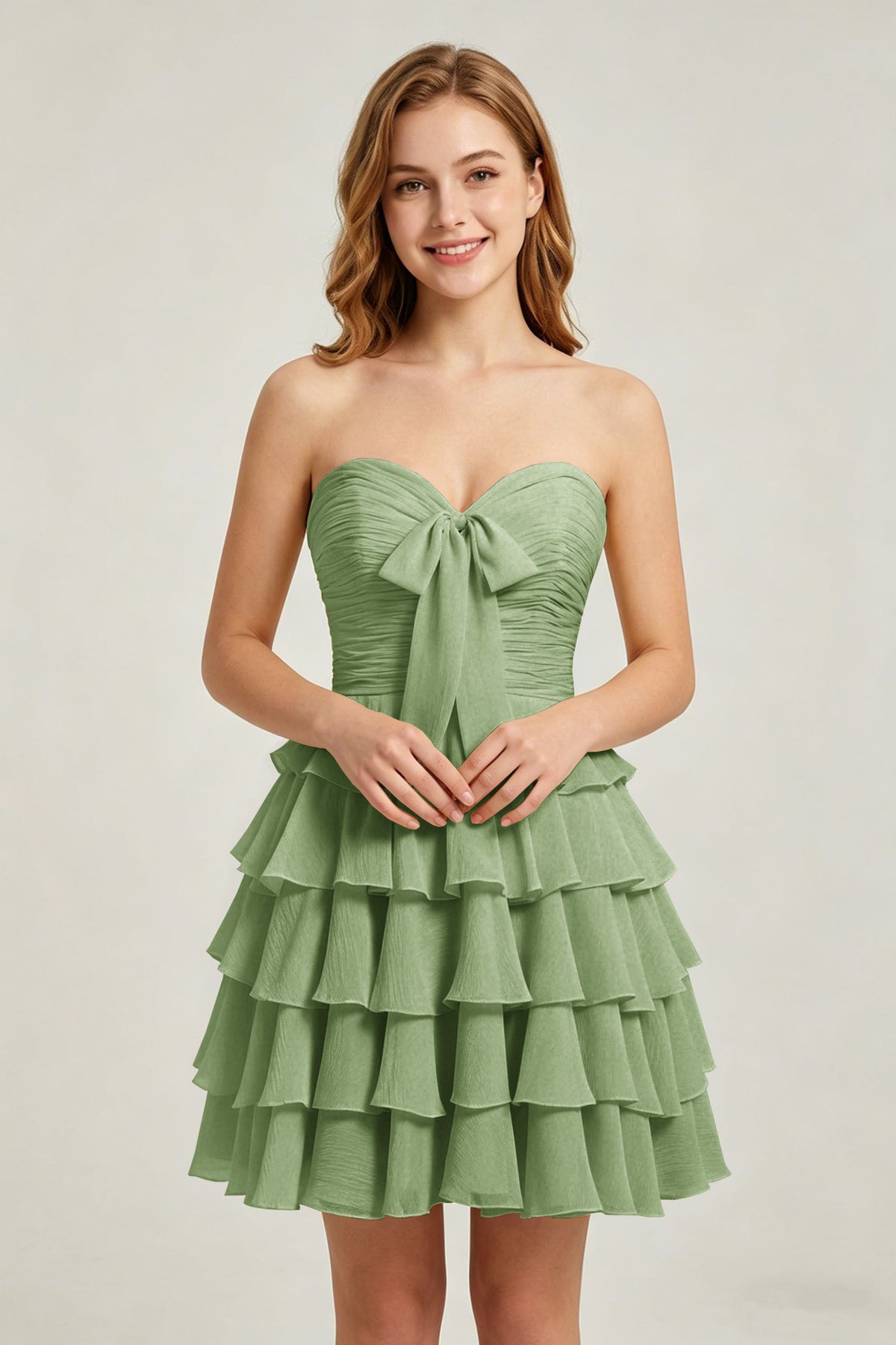 Strapless Yellow Chiffon Tiered Short Homecoming Dresses with Bow