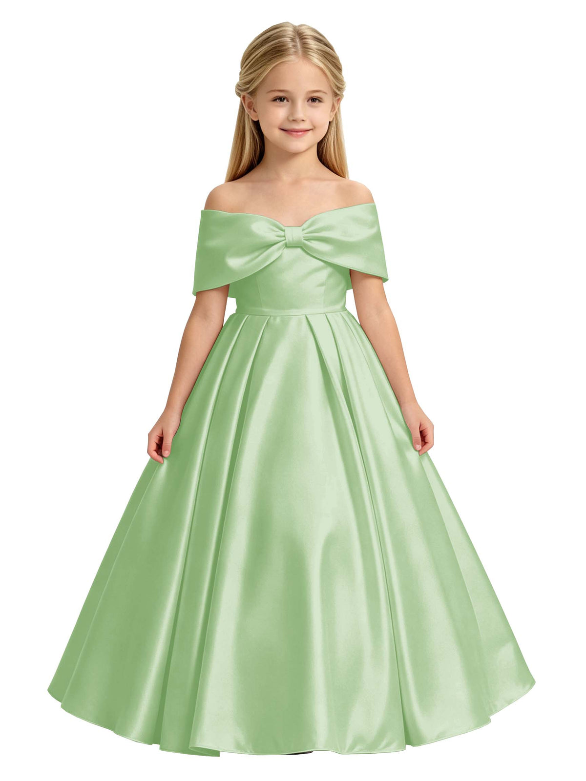 Off-the-Shoulder Satin Ball Gown Flower Girl Dress with Big Back Bow