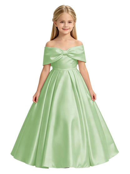 Off-the-Shoulder Satin Ball Gown Flower Girl Dress with Big Back Bow