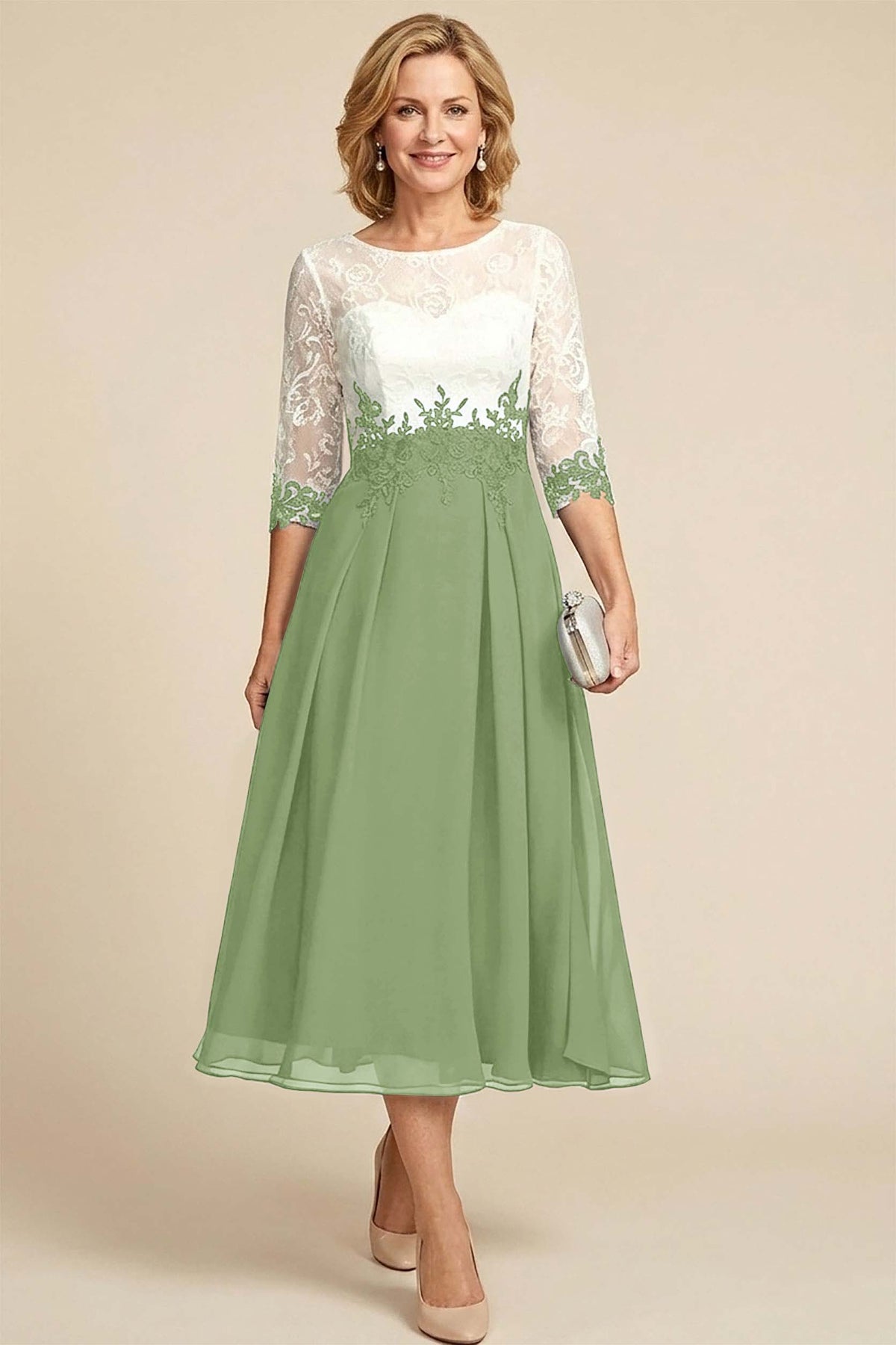 Navy Blue 3/4 Sleeve Two-Tone Lace Chiffon Mother Dresses