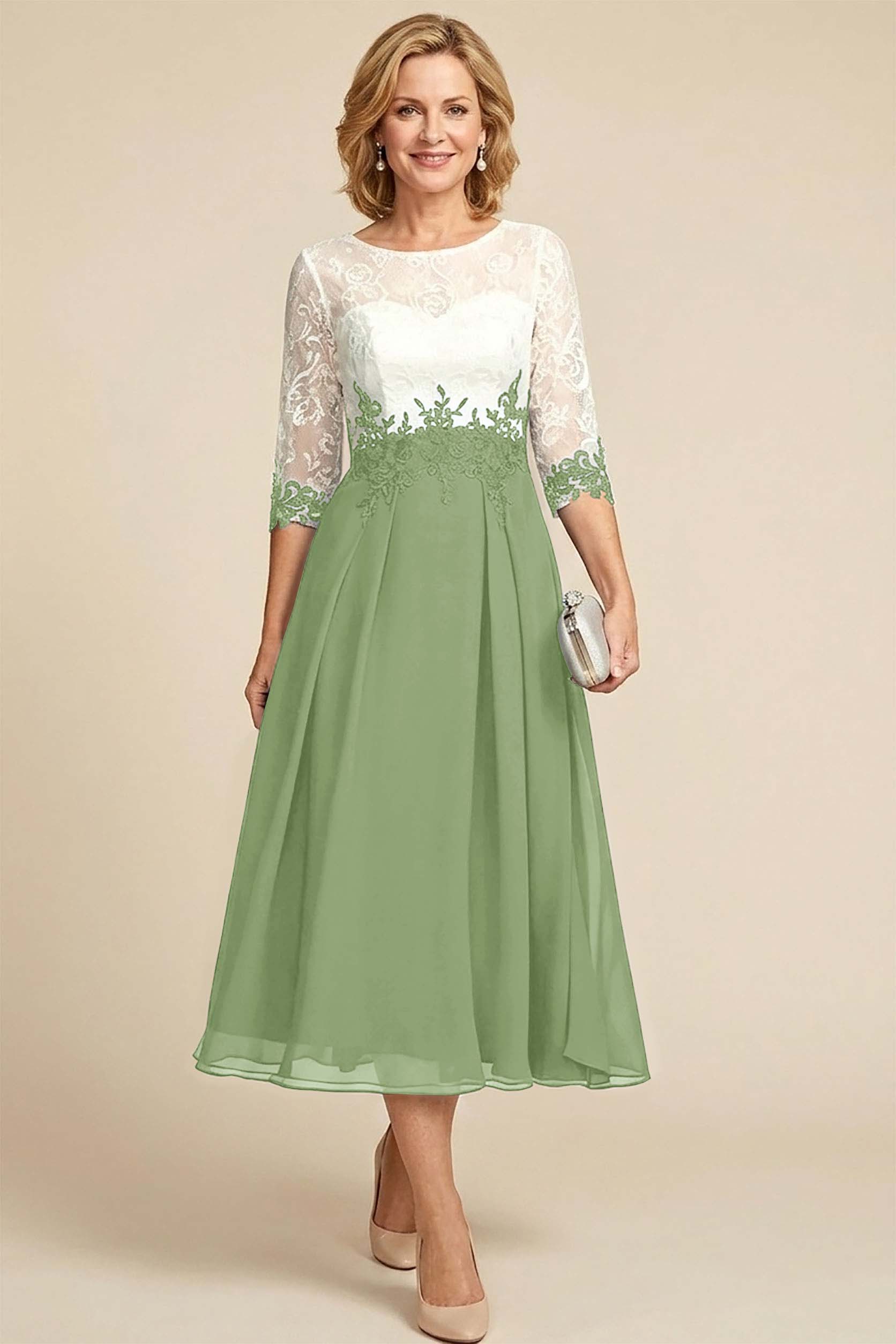 Navy Blue 3/4 Sleeve Two-Tone Lace Chiffon Mother Dresses