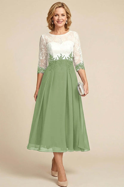 Navy Blue 3/4 Sleeve Two-Tone Lace Chiffon Mother Dresses