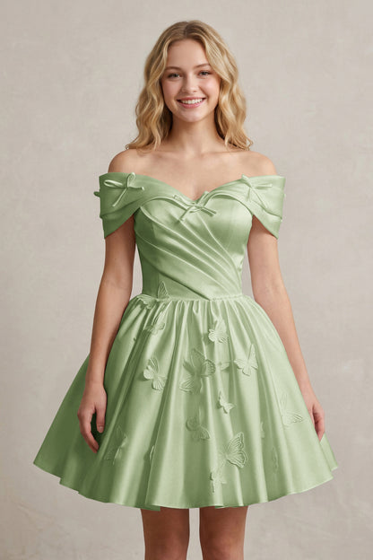A Line Off Shoulder Ivory Satin Short Homecoming Dresses
