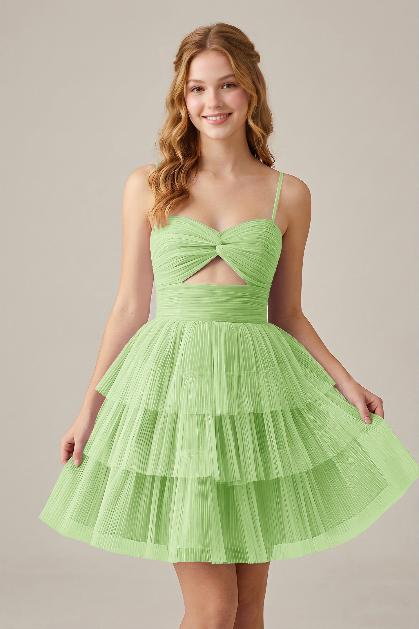 Olive Green Sleeveless Pleated Tulle Cutout Tiered Homecoming Dresses