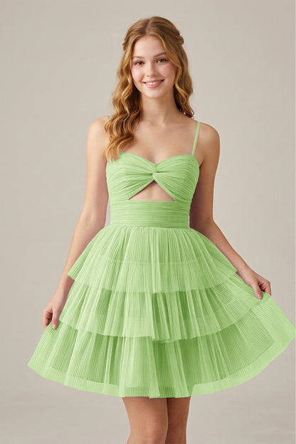 Olive Green Sleeveless Pleated Tulle Cutout Tiered Homecoming Dresses