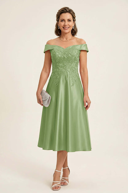 Peach Pink Off Shoulder Imitation Stretch Satin Tea-Length Mother Dresses