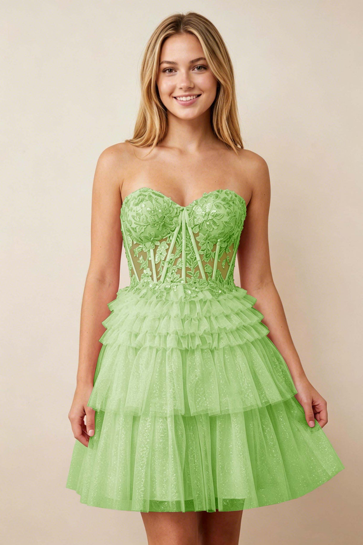 Strapless Misty Rose Lace Illusion Corset Glitter Tulle Homecoming Dresses