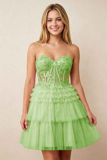 Strapless Misty Rose Lace Illusion Corset Glitter Tulle Homecoming Dresses