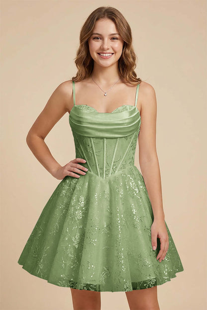White Cowl Neck Sequin Satin Corset Homecoming Dresses
