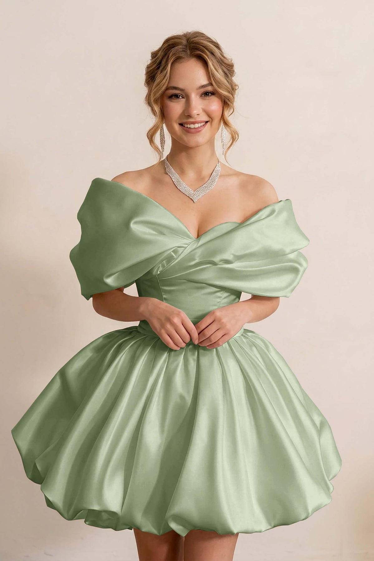 Ivory Off-the-Shoulder Bubble Hem Satin Homecoming Dresses