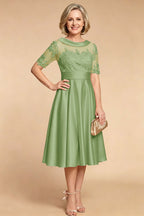 Champagne Imitation Stretch Satin Elbow Sleeve Tea-Length Mother Dresses