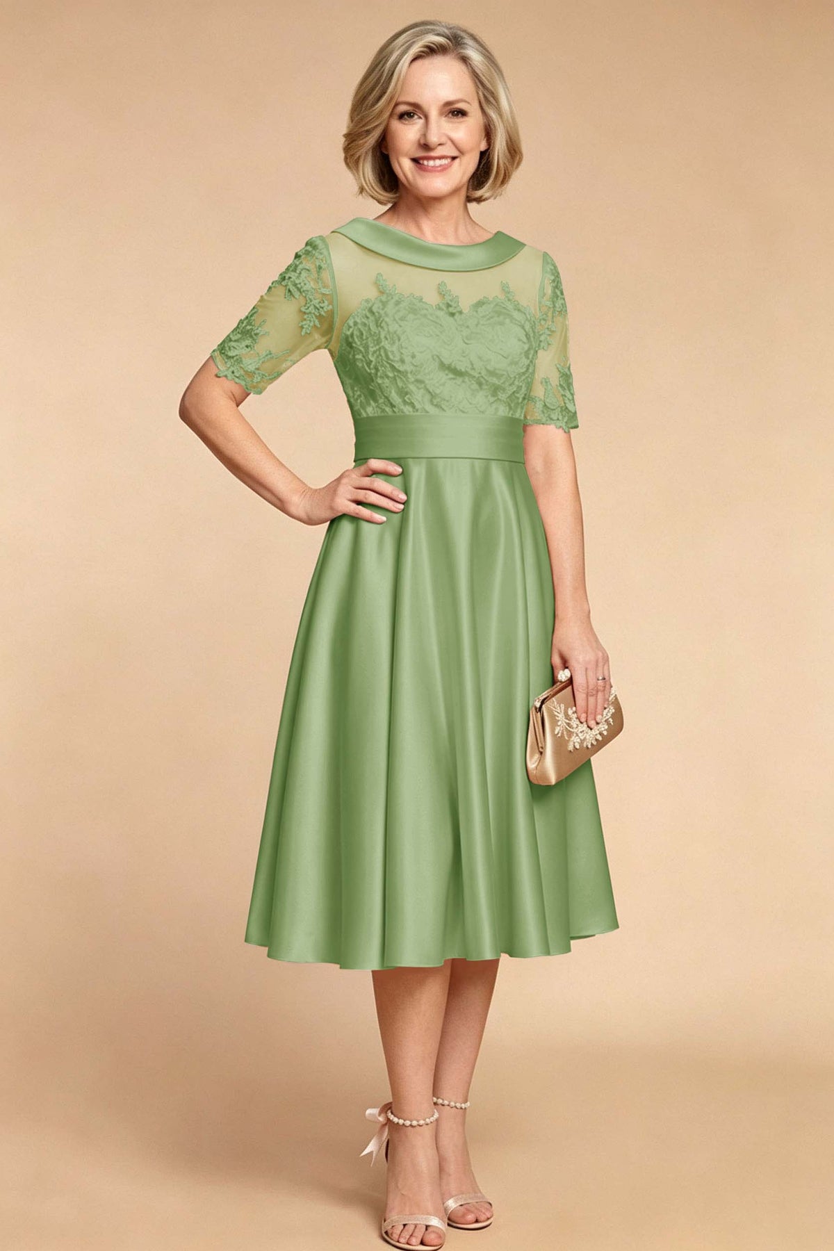 Champagne Imitation Stretch Satin Elbow Sleeve Tea-Length Mother Dresses