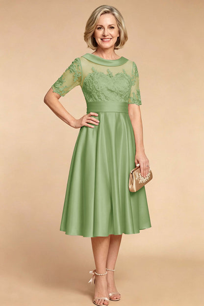 Champagne Imitation Stretch Satin Elbow Sleeve Tea-Length Mother Dresses