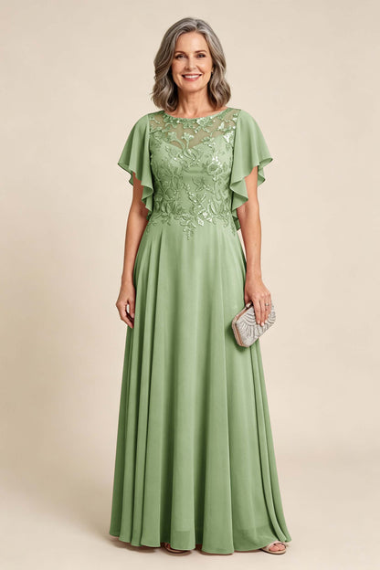 Lilac Scoop Neck Flutter Sleeve Lace Appliques Chiffon Mother Dresses