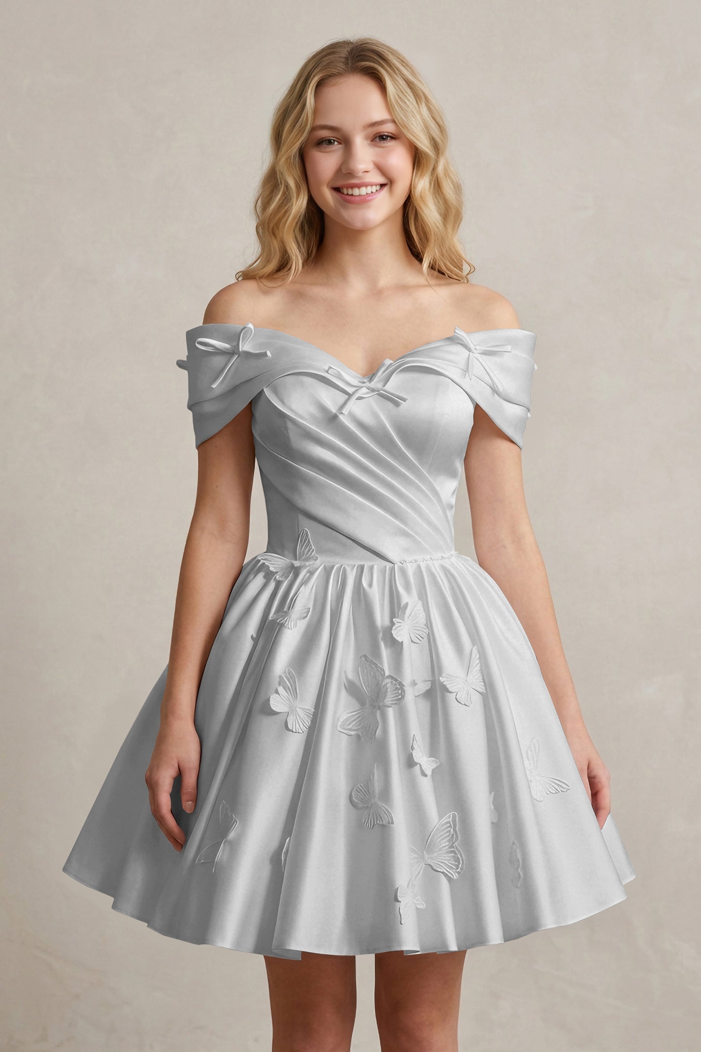 A Line Off Shoulder Ivory Satin Short Homecoming Dresses