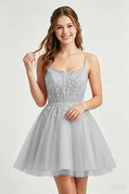 A Line Spaghetti Straps Pink Tulle Homecoming Dresses With Sequins