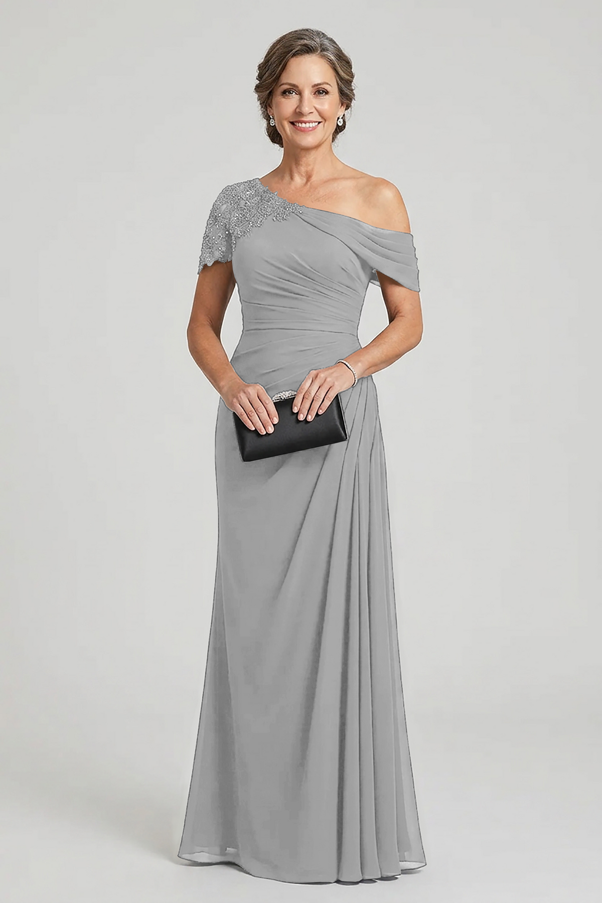 Black One-Shoulder Beaded Ruched Chiffon Mother Dresses