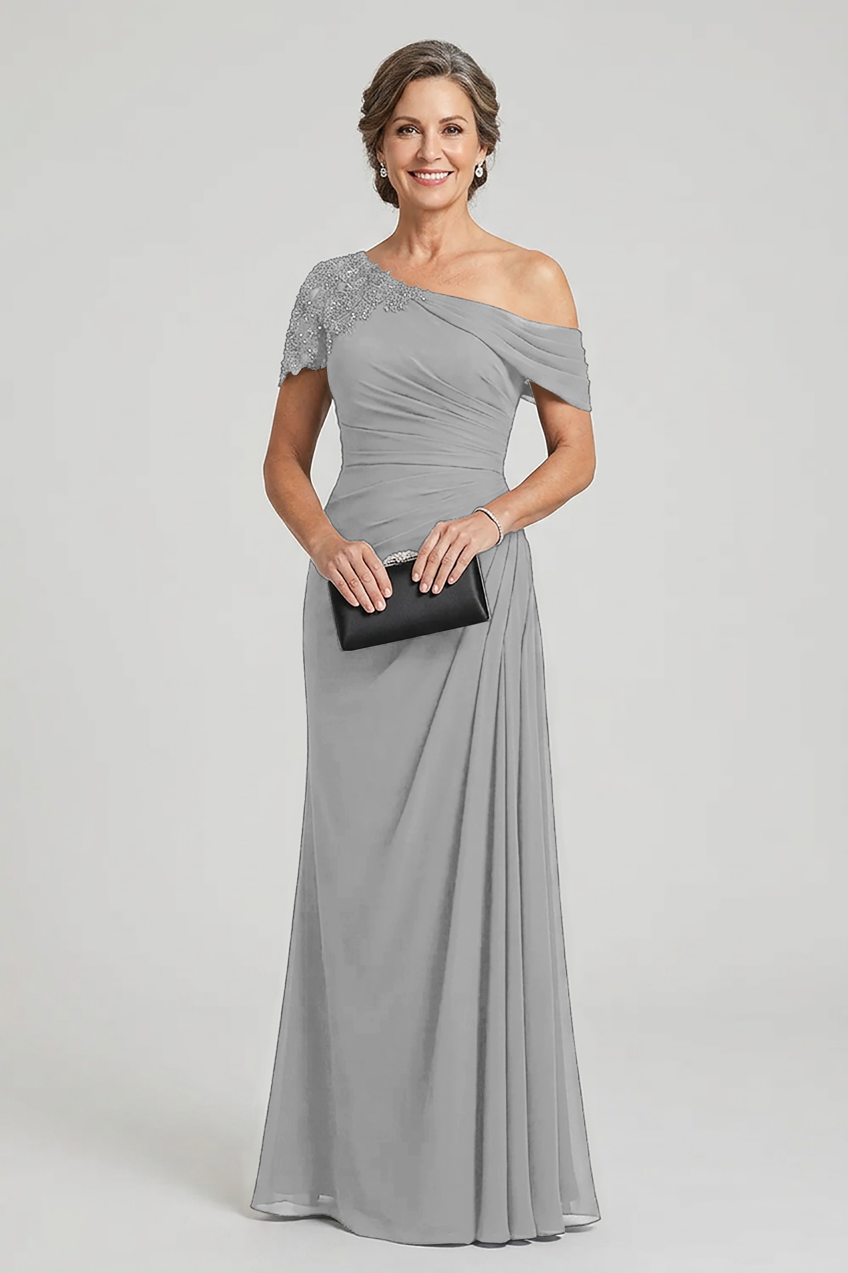Black One-Shoulder Beaded Ruched Chiffon Mother Dresses