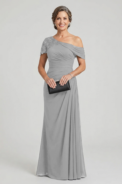 Black One-Shoulder Beaded Ruched Chiffon Mother Dresses