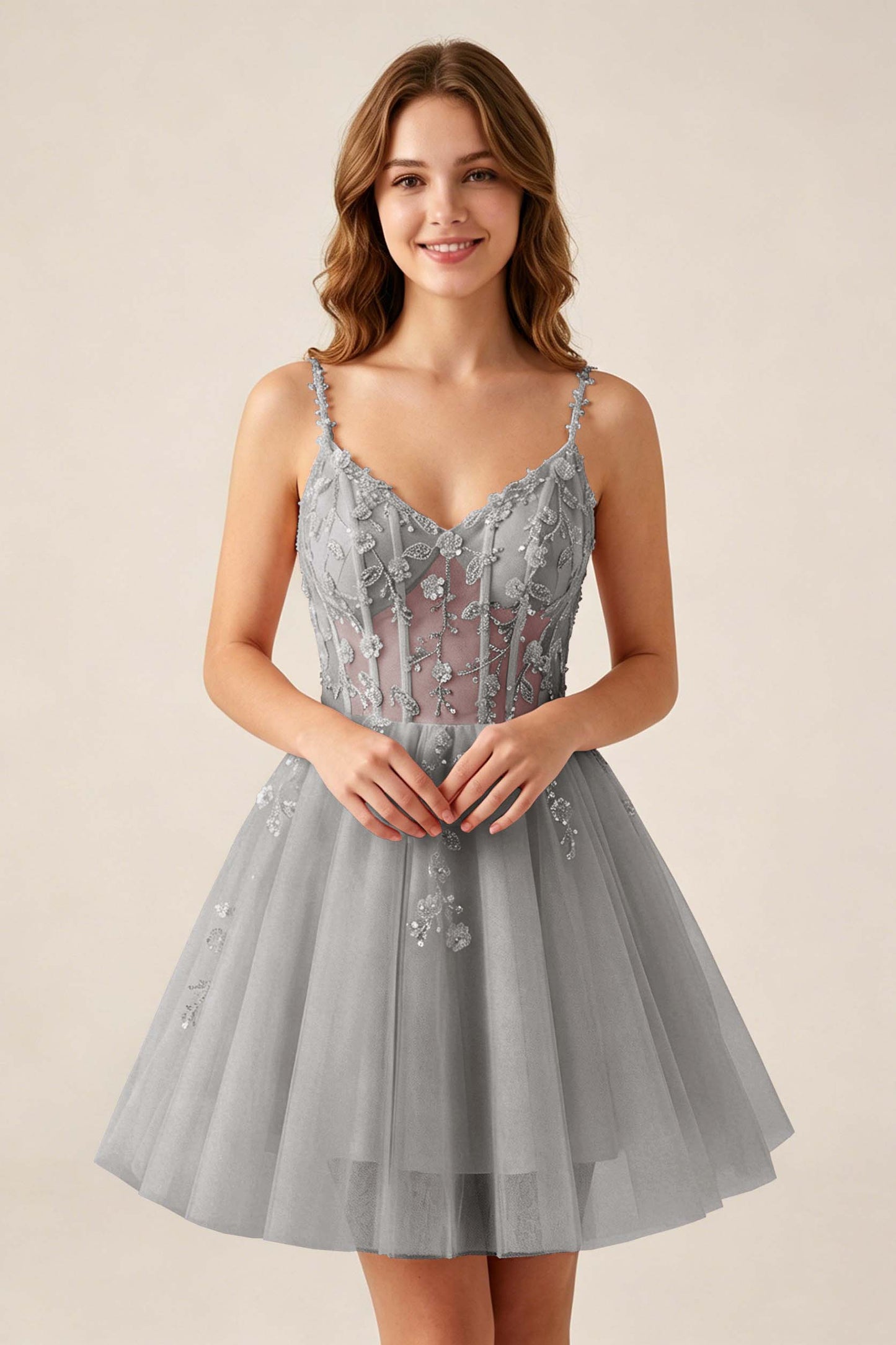 Blush Pink Sequin Corset Sleeveless Short Tulle Homecoming Dresses
