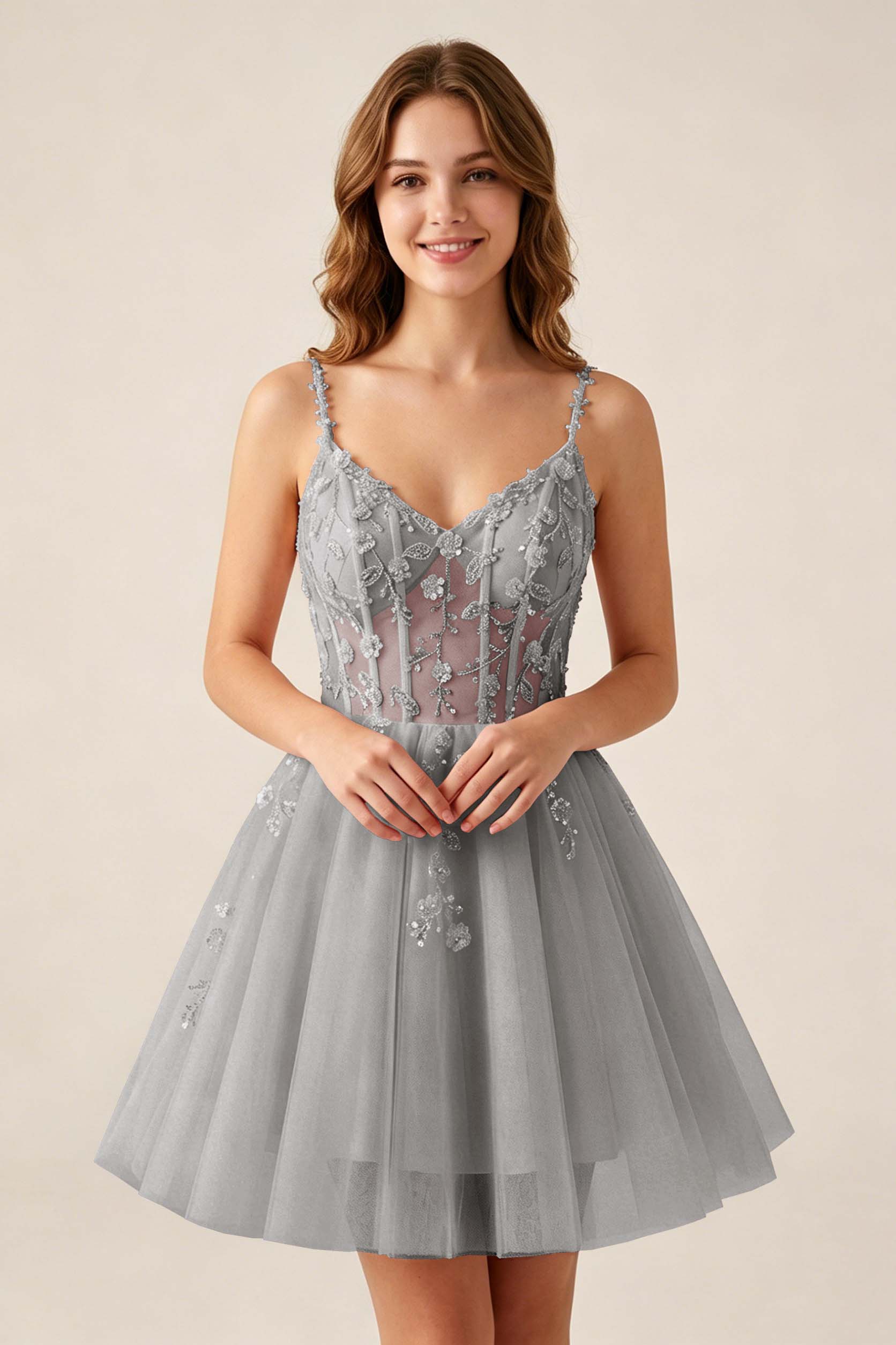 Blush Pink Sequin Corset Sleeveless Short Tulle Homecoming Dresses