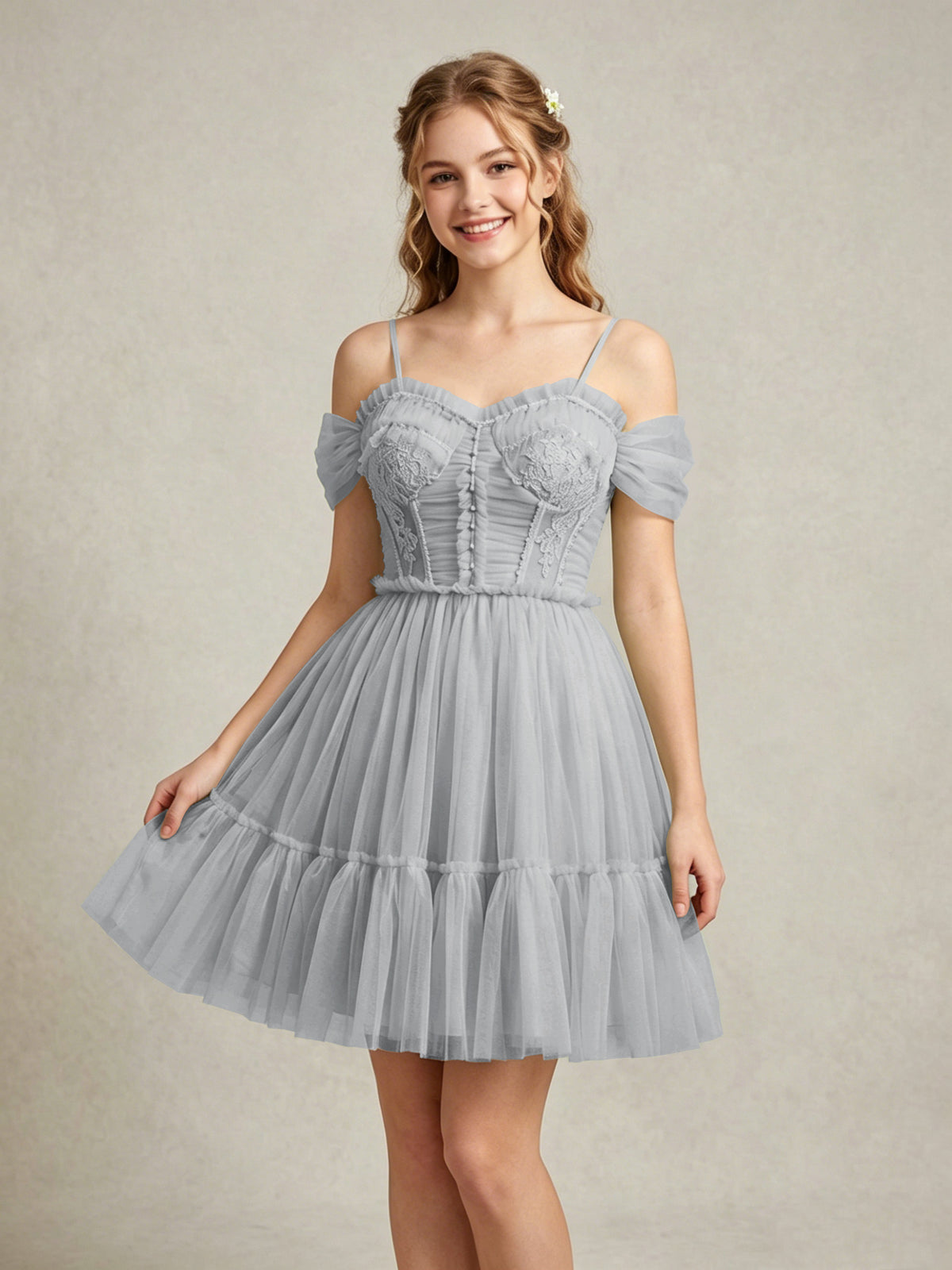 Cold Shoulder Lilac Tulle Dresses with Corset Bodice and Lace Appliques