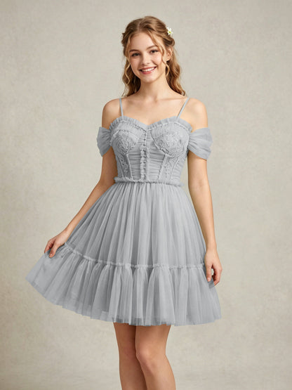 Cold Shoulder Lilac Tulle Dresses with Corset Bodice and Lace Appliques