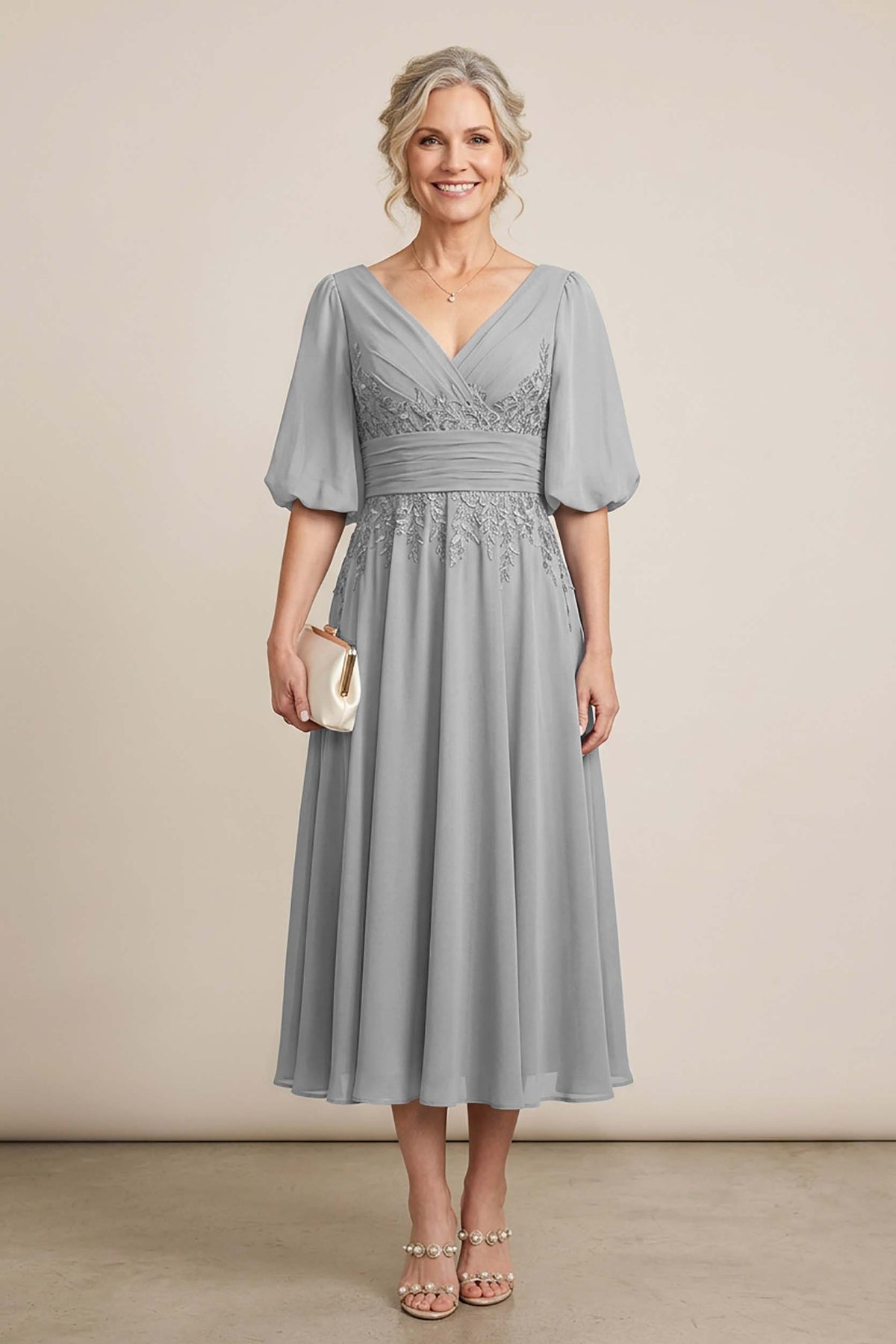 Dusty Blue V-Neck Lace Chiffon Tea-Length Mother Dresses