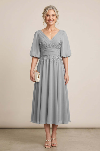 Dusty Blue V-Neck Lace Chiffon Tea-Length Mother Dresses