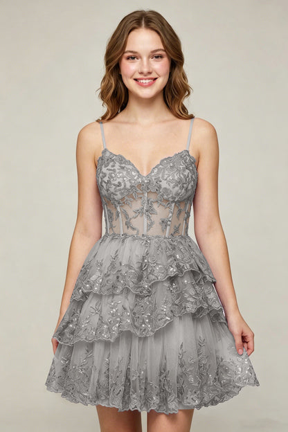 Lavender Sequin Layered Tiered Short Tulle Homecoming Dresses