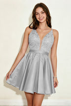 Lavender Spaghetti Straps Stretch Satin Homecoming Dresses with Appliques