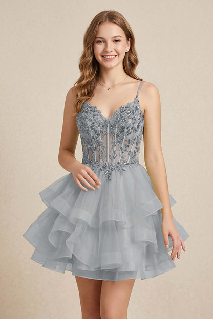 Mint Green Sequin Corset Tiered Tulle Mini Homecoming Dresses