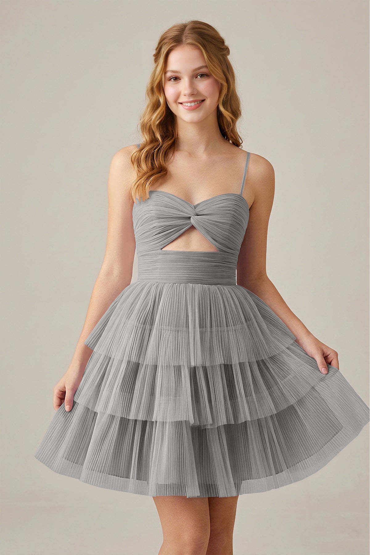 Olive Green Sleeveless Pleated Tulle Cutout Tiered Homecoming Dresses
