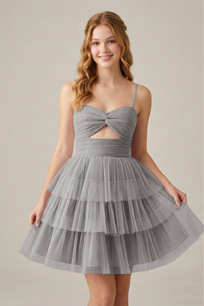 Olive Green Sleeveless Pleated Tulle Cutout Tiered Homecoming Dresses