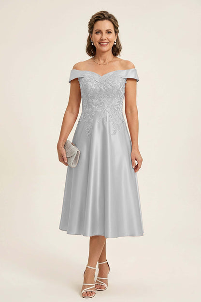 Peach Pink Off Shoulder Imitation Stretch Satin Tea-Length Mother Dresses