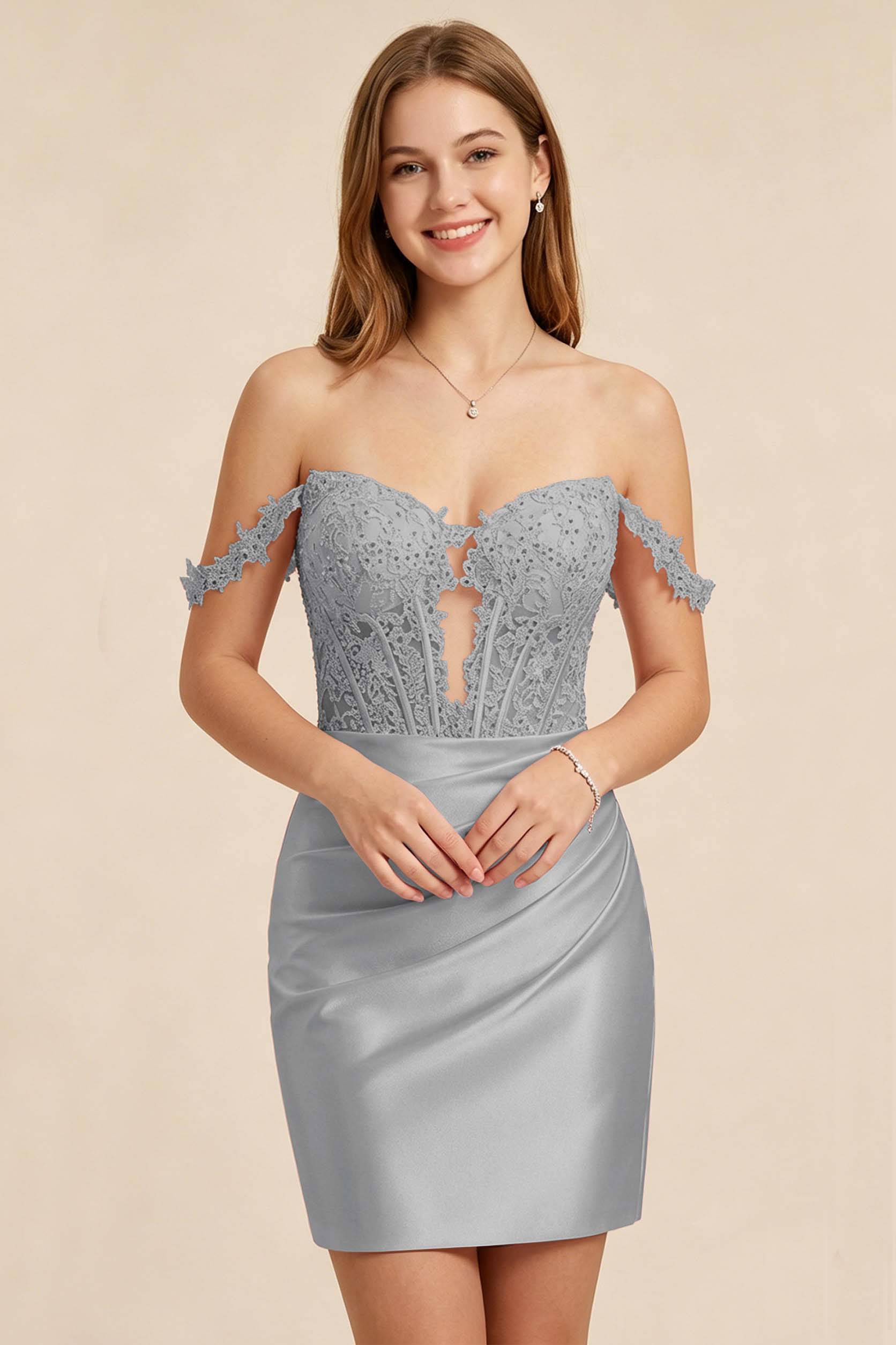 Light Pink Lace Illusion Corset Stretch Satin Mini Homecoming Dresses