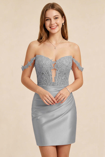 Light Pink Lace Illusion Corset Stretch Satin Mini Homecoming Dresses