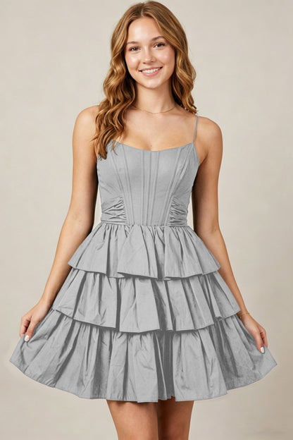Spaghetti Straps Black Taffeta Tiered Mini Homecoming Dresses