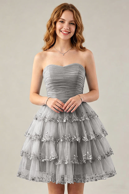 Strapless Light Blue Tulle Tiered Homecoming Dresses with Beaded Lace Trim