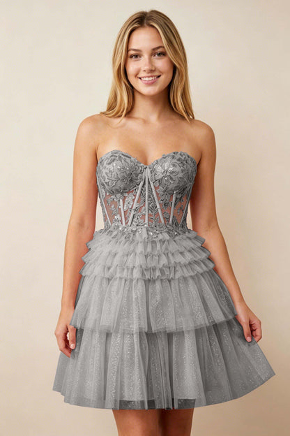 Strapless Misty Rose Lace Illusion Corset Glitter Tulle Homecoming Dresses
