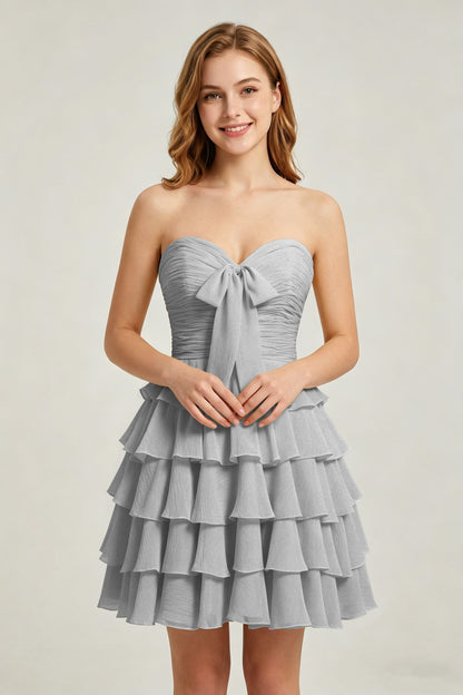 Strapless Yellow Chiffon Tiered Short Homecoming Dresses with Bow