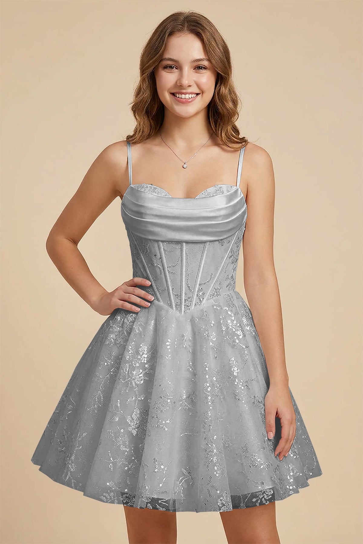 White Cowl Neck Sequin Satin Corset Homecoming Dresses